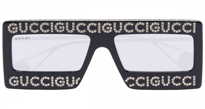 GUCCI EYEWEAR black rhinestone studded logo square tinted sunglasses